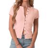 imageIWOLLENCE Womens Casual Lightweight Ribbed Knit Short Sleeve Tops Crewneck Button Down Shirt Slim Fit Y2K CardiganC Pink
