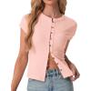 imageIWOLLENCE Womens Casual Lightweight Ribbed Knit Short Sleeve Tops Crewneck Button Down Shirt Slim Fit Y2K CardiganC Pink