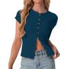 imageIWOLLENCE Womens Casual Lightweight Ribbed Knit Short Sleeve Tops Crewneck Button Down Shirt Slim Fit Y2K CardiganC Tile Blue