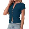 imageIWOLLENCE Womens Casual Lightweight Ribbed Knit Short Sleeve Tops Crewneck Button Down Shirt Slim Fit Y2K CardiganC Tile Blue