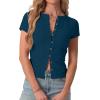 imageIWOLLENCE Womens Casual Lightweight Ribbed Knit Short Sleeve Tops Crewneck Button Down Shirt Slim Fit Y2K CardiganC Tile Blue