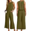 imageIWOLLENCE Womens Summer 2 Piece Outfits Set Round neck Sleeveless Tank Crop Top Wide Leg pants Set Pockets JumpsuitsA Army Green