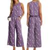 imageIWOLLENCE Womens Summer 2 Piece Outfits Set Round neck Sleeveless Tank Crop Top Wide Leg pants Set Pockets JumpsuitsB Agrostemma Githago