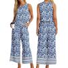 imageIWOLLENCE Womens Summer 2 Piece Outfits Set Round neck Sleeveless Tank Crop Top Wide Leg pants Set Pockets JumpsuitsB Blue Porcelain