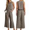 imageIWOLLENCE Womens Summer 2 Piece Outfits Set Round neck Sleeveless Tank Crop Top Wide Leg pants Set Pockets JumpsuitsB Ld Dark Khaki