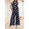 imageIWOLLENCE Womens Summer 2 Piece Outfits Set Round neck Sleeveless Tank Crop Top Wide Leg pants Set Pockets JumpsuitsB Navy Plum Blossom