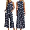 imageIWOLLENCE Womens Summer 2 Piece Outfits Set Round neck Sleeveless Tank Crop Top Wide Leg pants Set Pockets JumpsuitsB Navy Plum Blossom