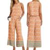 imageIWOLLENCE Womens Summer 2 Piece Outfits Set Round neck Sleeveless Tank Crop Top Wide Leg pants Set Pockets JumpsuitsB Orange Sakura