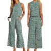 imageIWOLLENCE Womens Summer 2 Piece Outfits Set Round neck Sleeveless Tank Crop Top Wide Leg pants Set Pockets JumpsuitsB White Floral Print