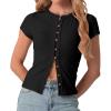 imageIWOLLENCE Womens Casual Lightweight Ribbed Knit Short Sleeve Tops Crewneck Button Down Shirt Slim Fit Y2K CardiganC Black