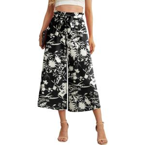 imageIWOLLENCE Women Flowy Loose Wide Leg Pant Summer Beach Casual Trousers high Waist Adjustable Knot Business Work Casual PantsBlack White Branch