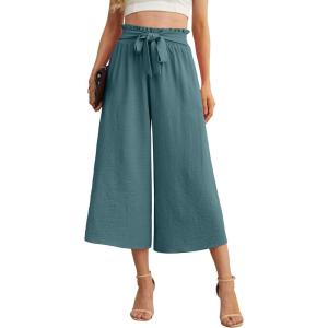imageIWOLLENCE Women Flowy Loose Wide Leg Pant Summer Beach Casual Trousers high Waist Adjustable Knot Business Work Casual PantsBlue Green