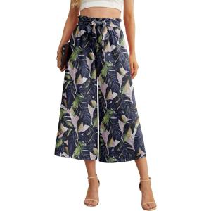 imageIWOLLENCE Women Flowy Loose Wide Leg Pant Summer Beach Casual Trousers high Waist Adjustable Knot Business Work Casual PantsColorful Banana Leaf