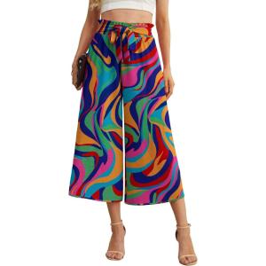 imageIWOLLENCE Women Flowy Loose Wide Leg Pant Summer Beach Casual Trousers high Waist Adjustable Knot Business Work Casual PantsMulti Purple Wave