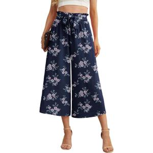 imageIWOLLENCE Women Flowy Loose Wide Leg Pant Summer Beach Casual Trousers high Waist Adjustable Knot Business Work Casual PantsNavy Plum Blossom
