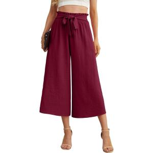 imageIWOLLENCE Women Flowy Loose Wide Leg Pant Summer Beach Casual Trousers high Waist Adjustable Knot Business Work Casual PantsWine Red