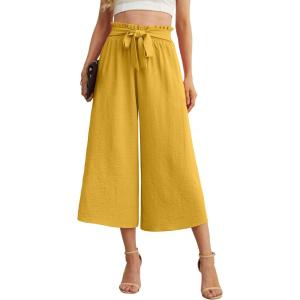 imageIWOLLENCE Women Flowy Loose Wide Leg Pant Summer Beach Casual Trousers high Waist Adjustable Knot Business Work Casual PantsYellow