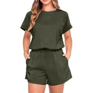 imageIWOLLENCE Womens 2 Piece Sets Summer Lounge Set Casual Short Sleeve Round Neck Tops and Elastic Waist Short Outfits TracksuitArmy Green