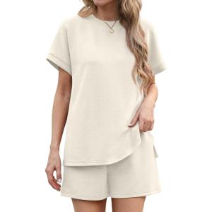 imageIWOLLENCE Womens 2 Piece Sets Summer Lounge Set Casual Short Sleeve Round Neck Tops and Elastic Waist Short Outfits TracksuitBeige