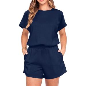 imageIWOLLENCE Womens 2 Piece Sets Summer Lounge Set Casual Short Sleeve Round Neck Tops and Elastic Waist Short Outfits TracksuitNavy Blue