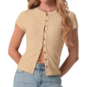 imageIWOLLENCE Womens Casual Lightweight Ribbed Knit Short Sleeve Tops Crewneck Button Down Shirt Slim Fit Y2K CardiganC Apricot