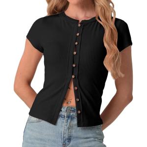 imageIWOLLENCE Womens Casual Lightweight Ribbed Knit Short Sleeve Tops Crewneck Button Down Shirt Slim Fit Y2K CardiganC Black