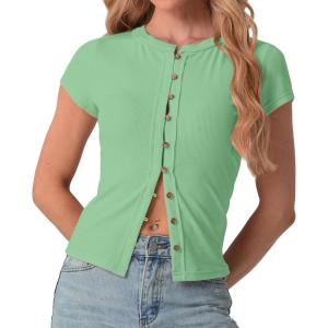 imageIWOLLENCE Womens Casual Lightweight Ribbed Knit Short Sleeve Tops Crewneck Button Down Shirt Slim Fit Y2K CardiganC Cyan Green