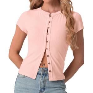 imageIWOLLENCE Womens Casual Lightweight Ribbed Knit Short Sleeve Tops Crewneck Button Down Shirt Slim Fit Y2K CardiganC Pink