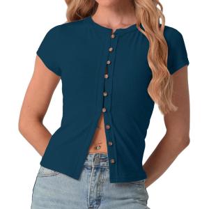 imageIWOLLENCE Womens Casual Lightweight Ribbed Knit Short Sleeve Tops Crewneck Button Down Shirt Slim Fit Y2K CardiganC Tile Blue