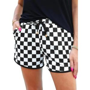 imageIWOLLENCE Womens Checkered Shorts Elastic Waist with Drawstring Plaid Short Pants Beach Summer with PocketsCdblack White