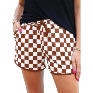 imageIWOLLENCE Womens Checkered Shorts Elastic Waist with Drawstring Plaid Short Pants Beach Summer with PocketsCdbrown White
