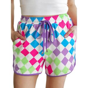 imageIWOLLENCE Womens Checkered Shorts Elastic Waist with Drawstring Plaid Short Pants Beach Summer with PocketsCdcolored White