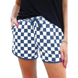 imageIWOLLENCE Womens Checkered Shorts Elastic Waist with Drawstring Plaid Short Pants Beach Summer with PocketsCdnavy White