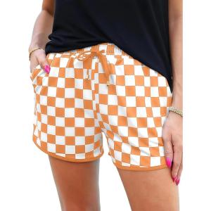 imageIWOLLENCE Womens Checkered Shorts Elastic Waist with Drawstring Plaid Short Pants Beach Summer with PocketsCdorange White
