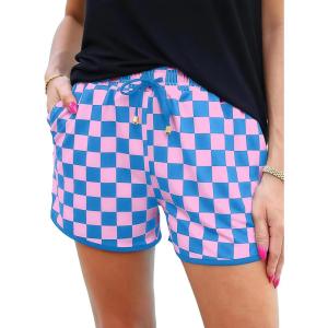 imageIWOLLENCE Womens Checkered Shorts Elastic Waist with Drawstring Plaid Short Pants Beach Summer with PocketsCdpink Blue
