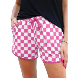 imageIWOLLENCE Womens Checkered Shorts Elastic Waist with Drawstring Plaid Short Pants Beach Summer with PocketsCdpink White