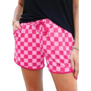 imageIWOLLENCE Womens Checkered Shorts Elastic Waist with Drawstring Plaid Short Pants Beach Summer with PocketsCdrose Pink Red