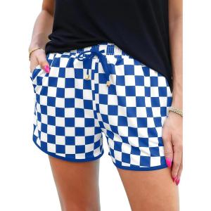 imageIWOLLENCE Womens Checkered Shorts Elastic Waist with Drawstring Plaid Short Pants Beach Summer with PocketsCdroyal White
