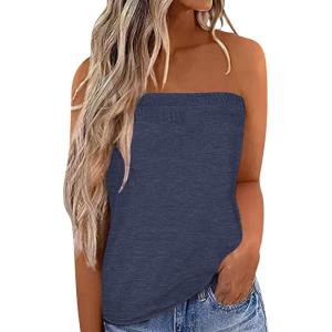imageIWOLLENCE Womens Floral Tube Tops Casual Summer Backless Strapless Top Sleeveless Bandeau Tanks ShirtC Navy Blue