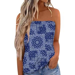 imageIWOLLENCE Womens Floral Tube Tops Casual Summer Backless Strapless Top Sleeveless Bandeau Tanks ShirtFp Navy Ethnic Kerchief