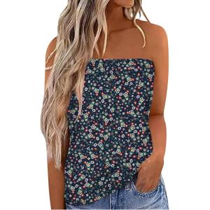 imageIWOLLENCE Womens Floral Tube Tops Casual Summer Backless Strapless Top Sleeveless Bandeau Tanks ShirtFp Navy White Flower