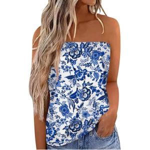 imageIWOLLENCE Womens Floral Tube Tops Casual Summer Backless Strapless Top Sleeveless Bandeau Tanks ShirtFp White Blue Porcelain