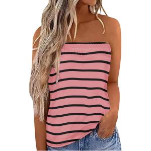 imageIWOLLENCE Womens Floral Tube Tops Casual Summer Backless Strapless Top Sleeveless Bandeau Tanks ShirtStripe Black Pink