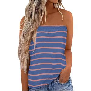 imageIWOLLENCE Womens Floral Tube Tops Casual Summer Backless Strapless Top Sleeveless Bandeau Tanks ShirtStripe Pink Blue
