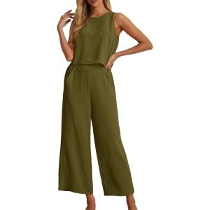 imageIWOLLENCE Womens Summer 2 Piece Outfits Set Round neck Sleeveless Tank Crop Top Wide Leg pants Set Pockets JumpsuitsA Army Green