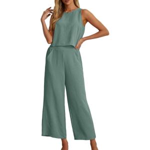 imageIWOLLENCE Womens Summer 2 Piece Outfits Set Round neck Sleeveless Tank Crop Top Wide Leg pants Set Pockets JumpsuitsA Sea Green