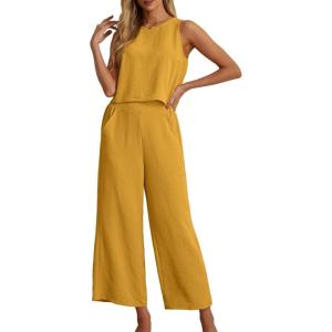 imageIWOLLENCE Womens Summer 2 Piece Outfits Set Round neck Sleeveless Tank Crop Top Wide Leg pants Set Pockets JumpsuitsA Yellow