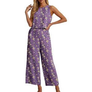 imageIWOLLENCE Womens Summer 2 Piece Outfits Set Round neck Sleeveless Tank Crop Top Wide Leg pants Set Pockets JumpsuitsB Agrostemma Githago