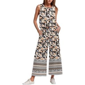 imageIWOLLENCE Womens Summer 2 Piece Outfits Set Round neck Sleeveless Tank Crop Top Wide Leg pants Set Pockets JumpsuitsB Black Apricot Cashew
