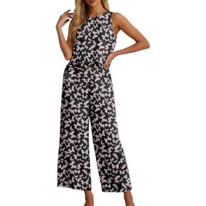 imageIWOLLENCE Womens Summer 2 Piece Outfits Set Round neck Sleeveless Tank Crop Top Wide Leg pants Set Pockets JumpsuitsB Black Butterfly